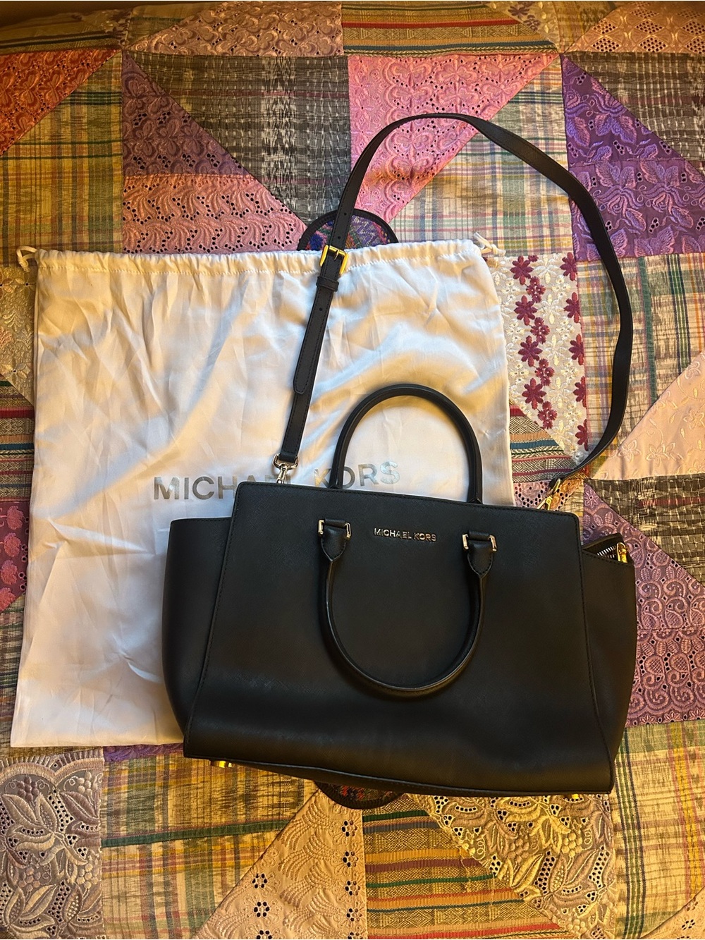 Michael Kors Black Leather Satchel with Gold Hardware
